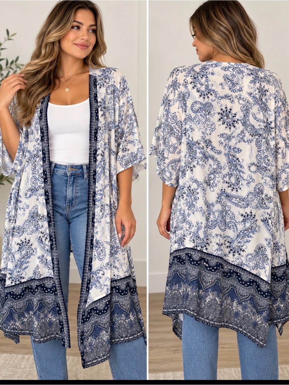 Catherines White and Light Blue Paisley Open-Front Kimono